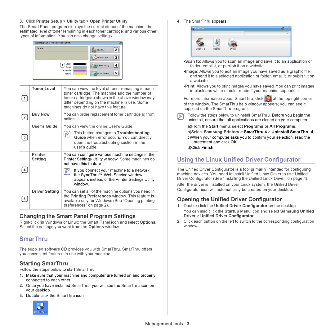 Samsung CLX-318X manual SmarThru, Using the Linux Unified Driver Configurator, Changing the Smart Panel Program Settings 