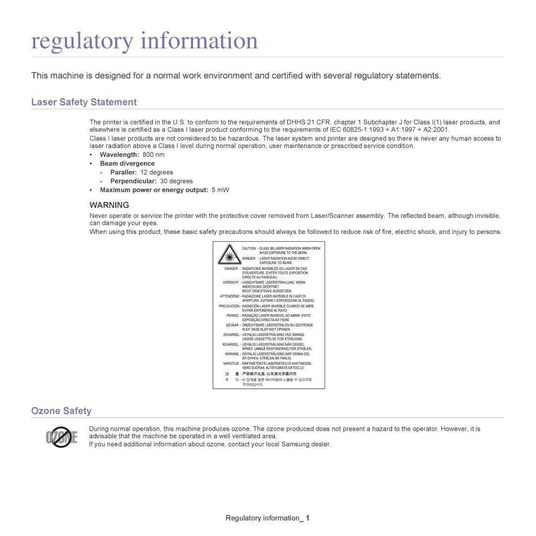 Samsung CLX-318X manual Regulatory information, Laser Safety Statement, Ozone Safety 