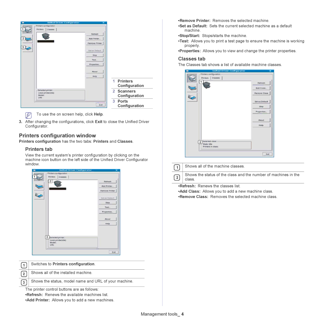 Samsung CLX-318X manual Printers configuration window, Printers tab, Classes tab, Printers Configuration Scanners Ports 