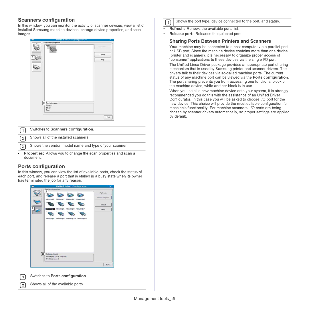 Samsung CLX-318X manual Scanners configuration, Ports configuration, Sharing Ports Between Printers and Scanners 