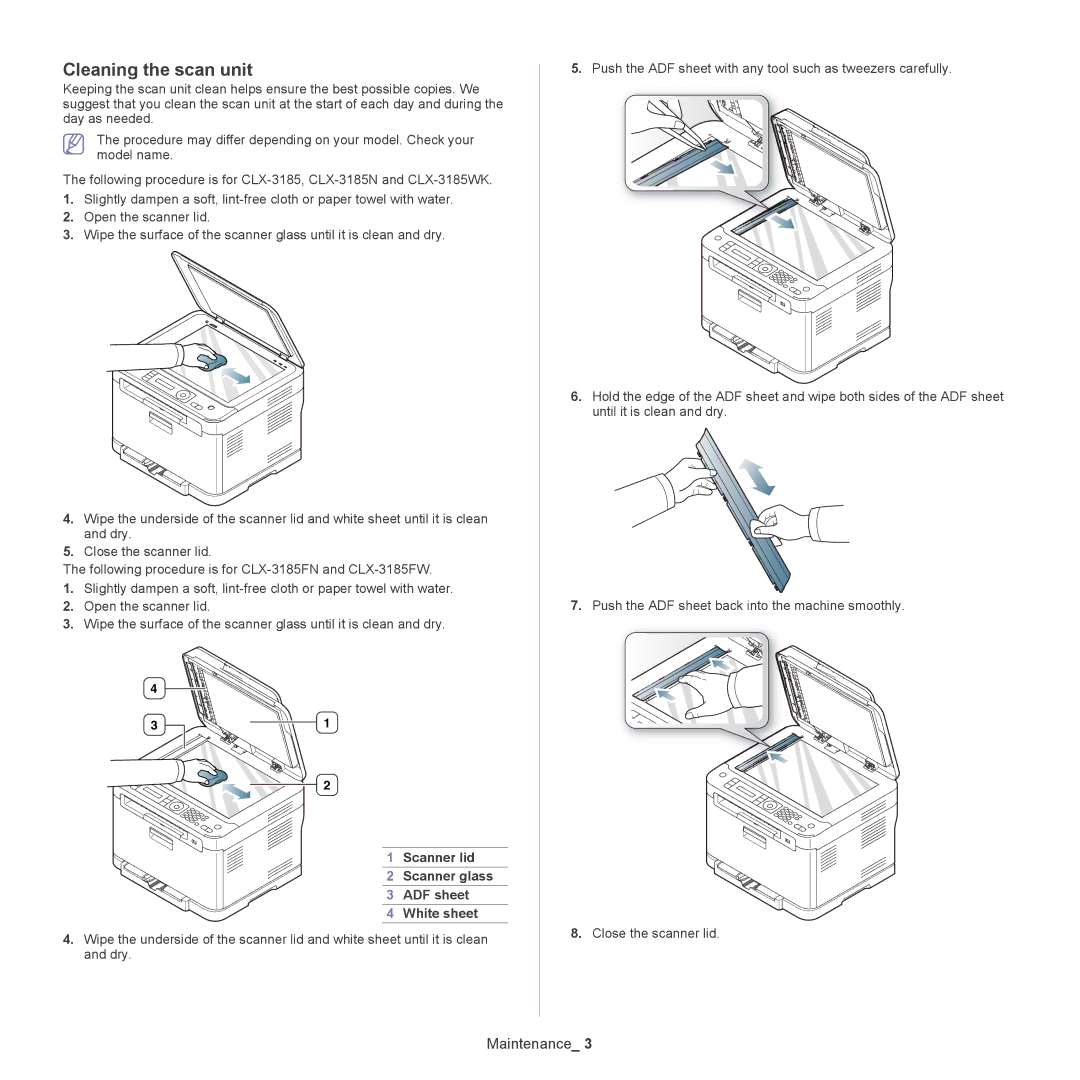 Samsung CLX-318X manual Cleaning the scan unit, Scanner lid Scanner glass ADF sheet White sheet 