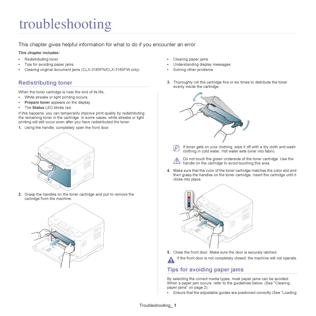 Samsung CLX-318X manual Troubleshooting, Redistributing toner, Tips for avoiding paper jams 