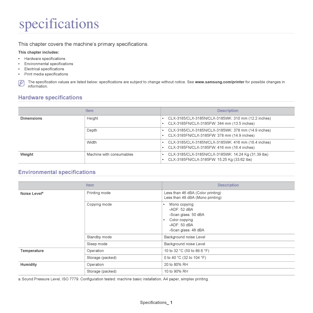 Samsung CLX-318X manual Specifications, Hardware specifications, Environmental specifications 