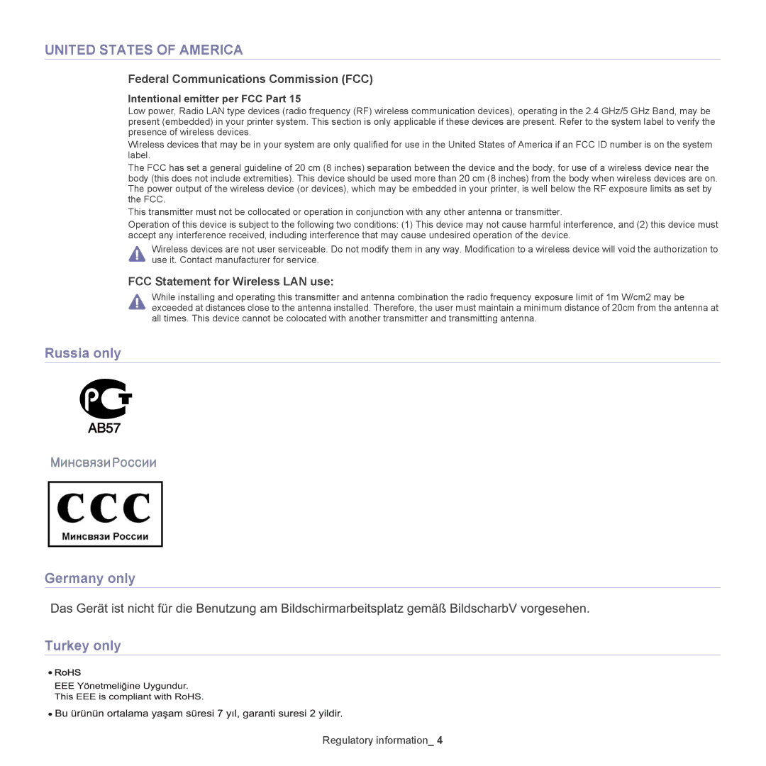 Samsung CLX-318X manual Russia only Germany only Turkey only, Federal Communications Commission FCC 