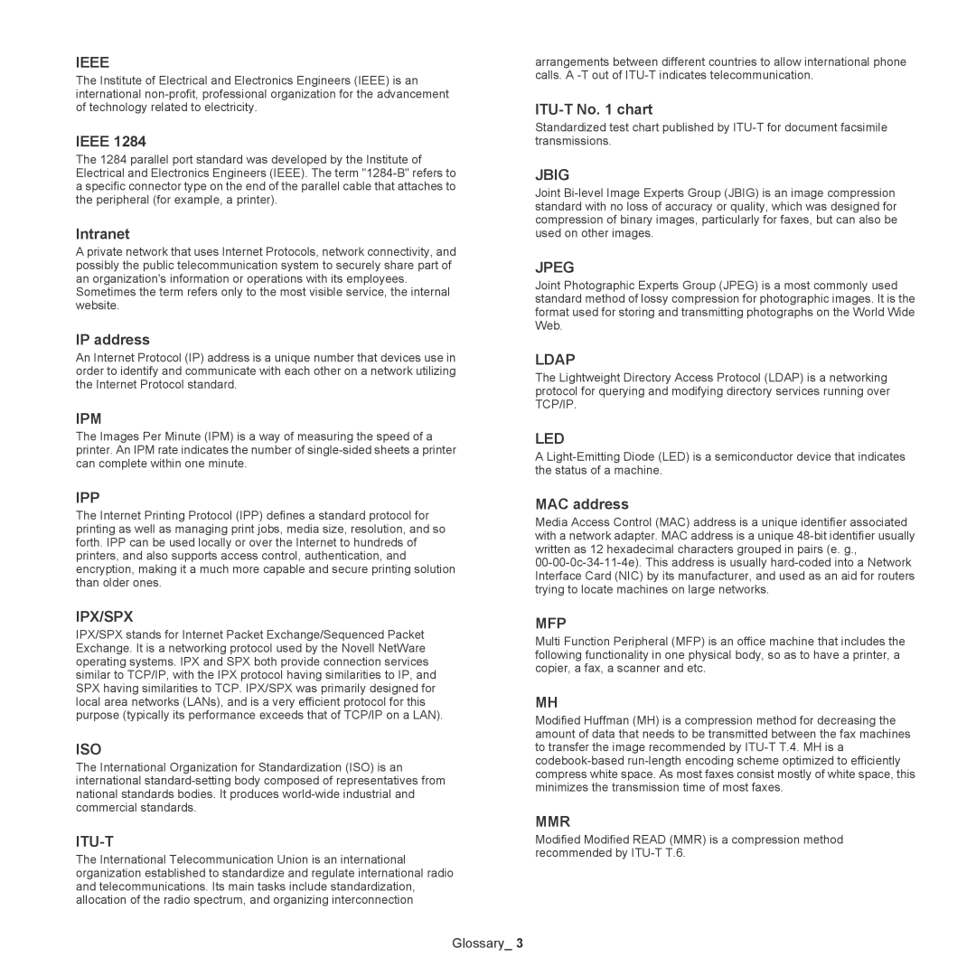 Samsung CLX-318X manual Ieee, Intranet, IP address, ITU-T No chart, MAC address 