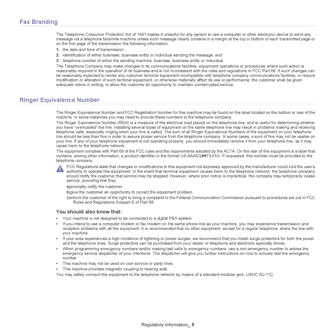 Samsung CLX-318X manual Fax Branding, Ringer Equivalence Number, You should also know that 