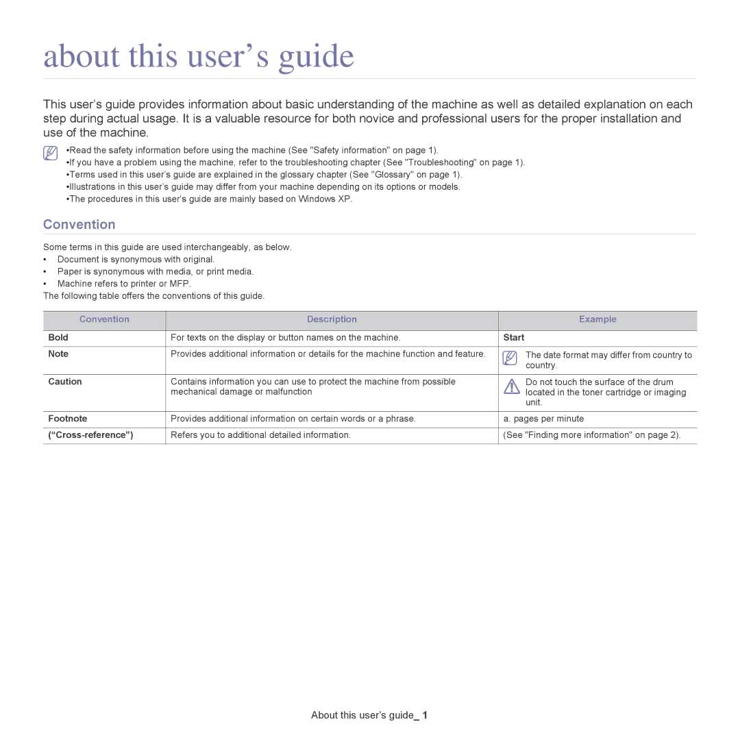 Samsung CLX-318X manual About this user’s guide, Convention Description Example 