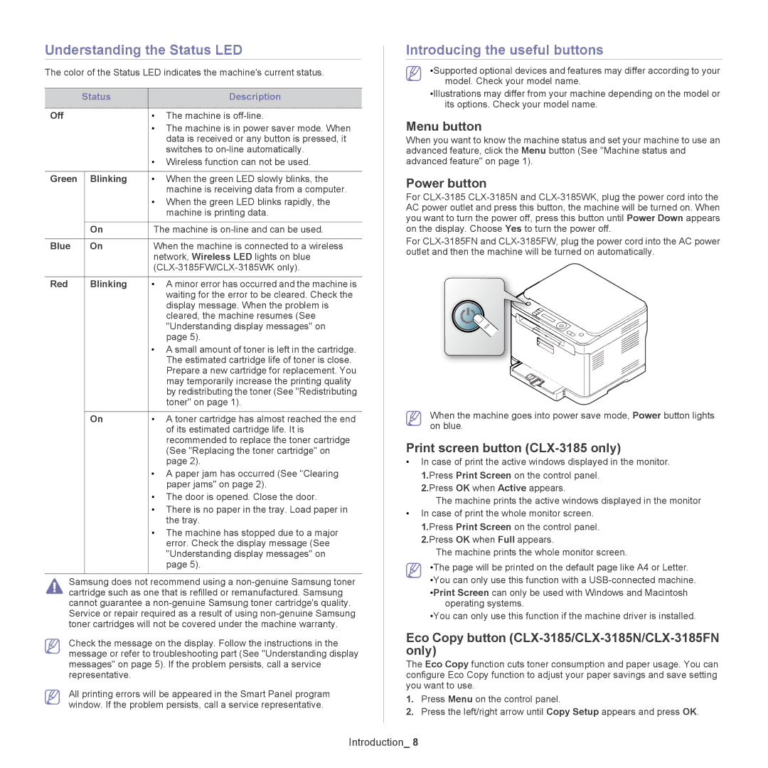 Samsung CLX-318X manual Understanding the Status LED, Introducing the useful buttons 