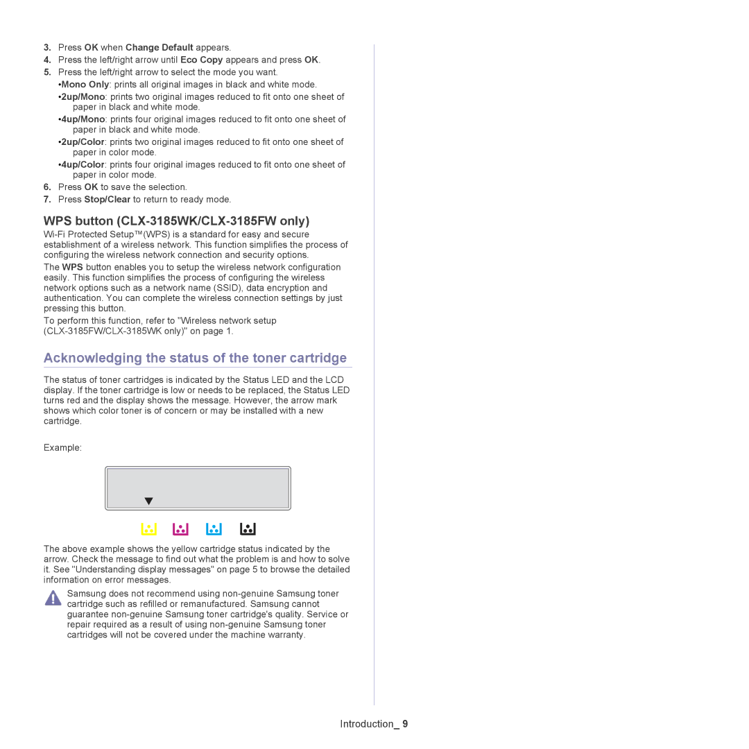 Samsung CLX-318X manual Acknowledging the status of the toner cartridge, WPS button CLX-3185WK/CLX-3185FW only 