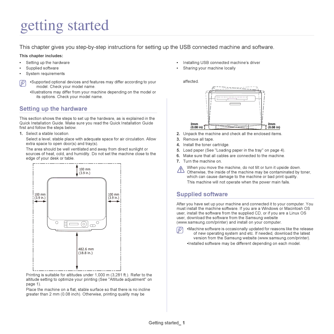 Samsung CLX-318X manual Getting started, Setting up the hardware, Supplied software 