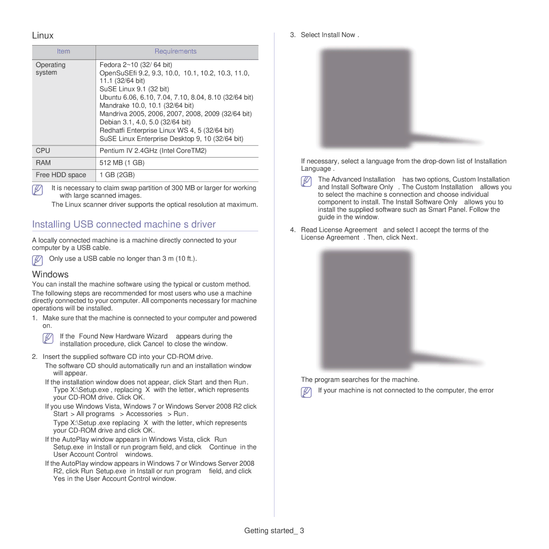 Samsung CLX-318X manual Installing USB connected machine’s driver, Linux, Windows, Requirements 