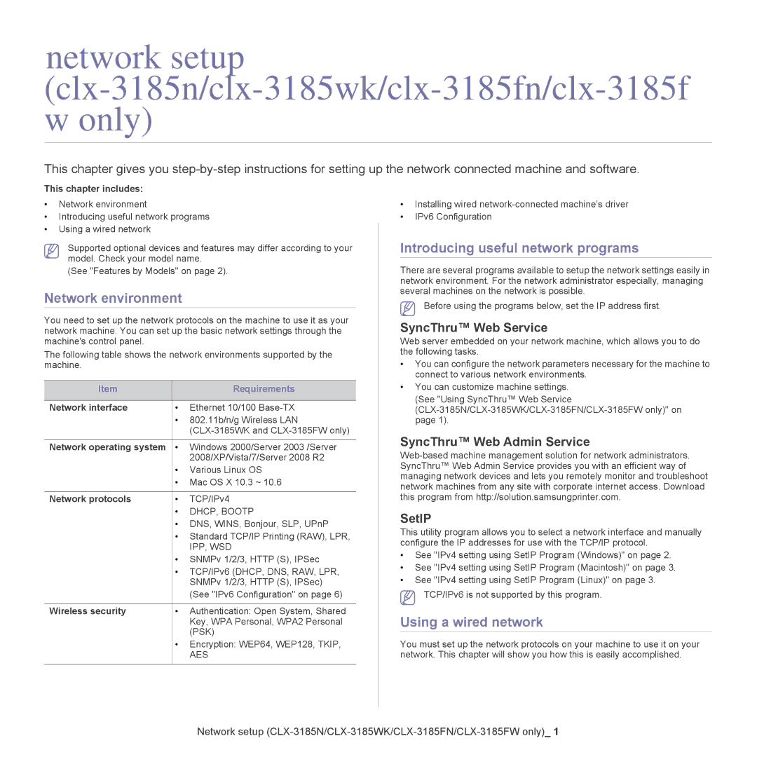 Samsung CLX-318X manual Network environment, Introducing useful network programs, Using a wired network 