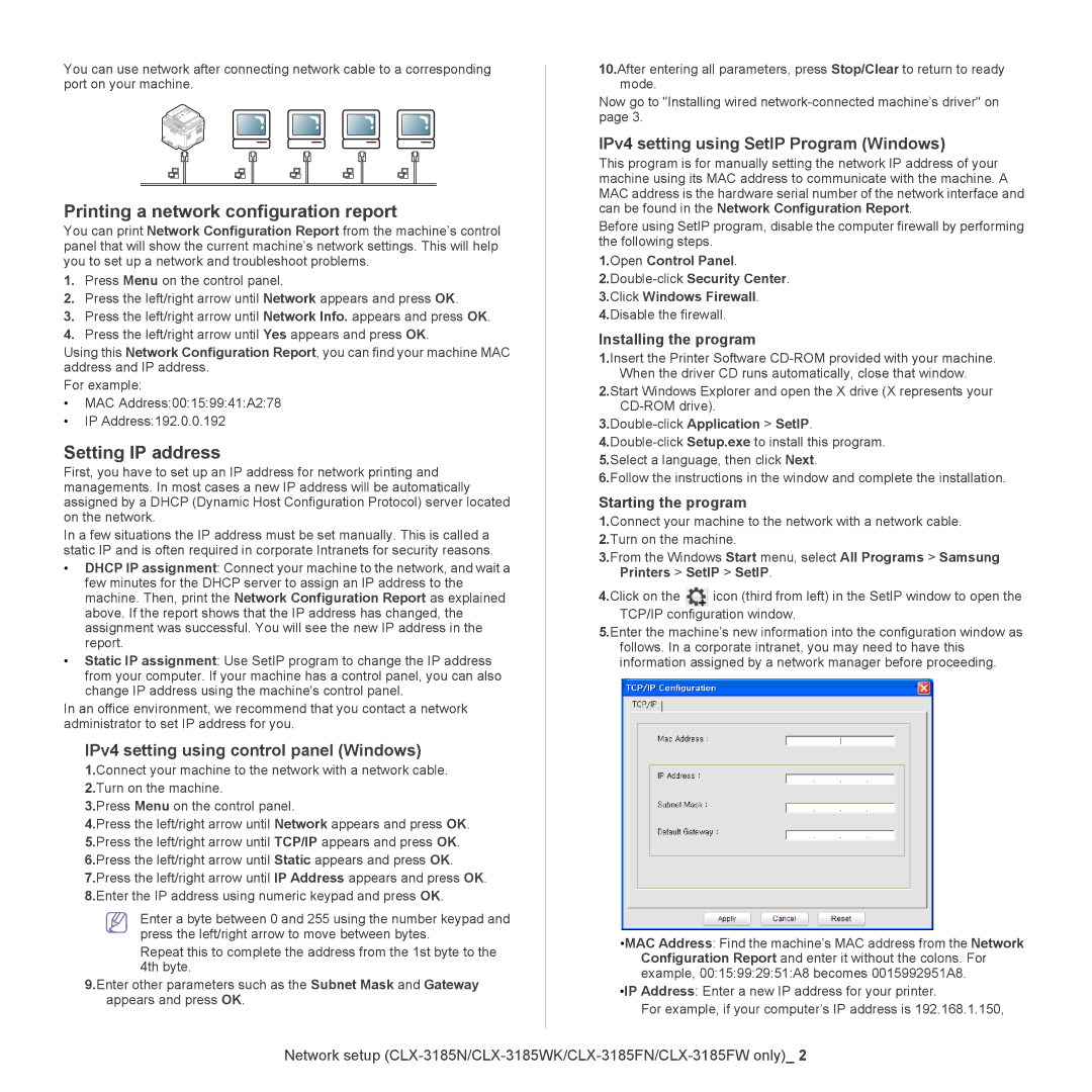 Samsung CLX-318X Printing a network configuration report, Setting IP address, IPv4 setting using control panel Windows 