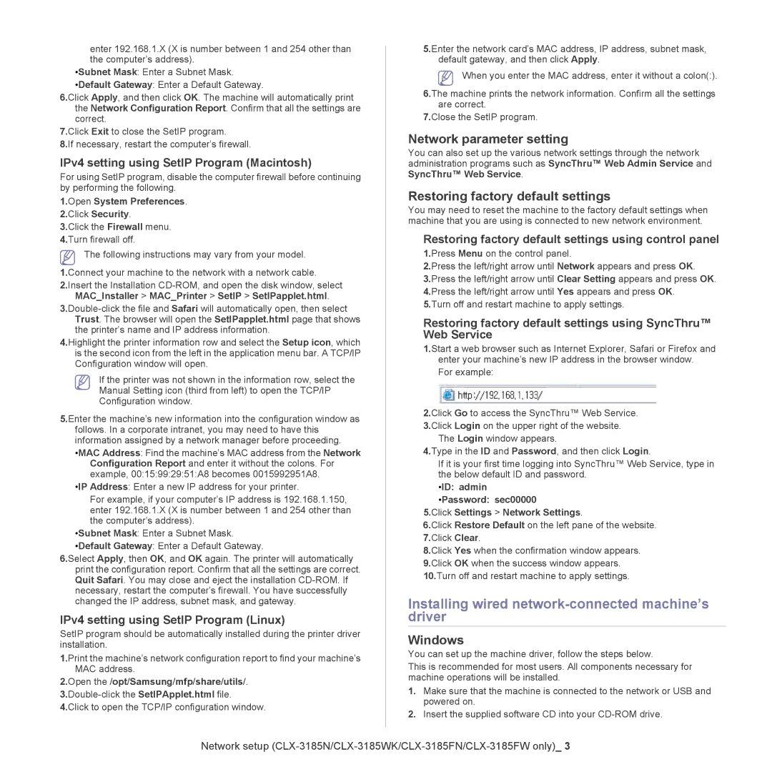 Samsung CLX-318X manual Installing wired network-connected machine’s driver, Network parameter setting 