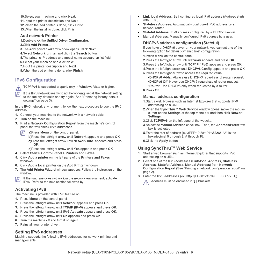 Samsung CLX-318X manual IPv6 Configuration, Activating IPv6, Setting IPv6 addresses, Using SyncThru Web Service 