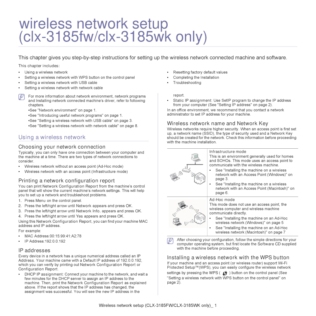 Samsung CLX-318X manual Wireless network setup clx-3185fw/clx-3185wk only, Using a wireless network 