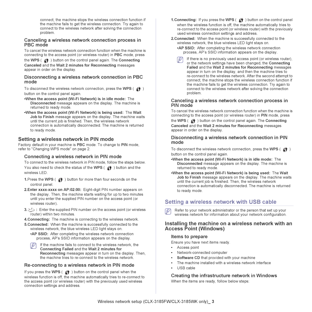Samsung CLX-318X manual Setting a wireless network with USB cable, Setting a wireless network in PIN mode 