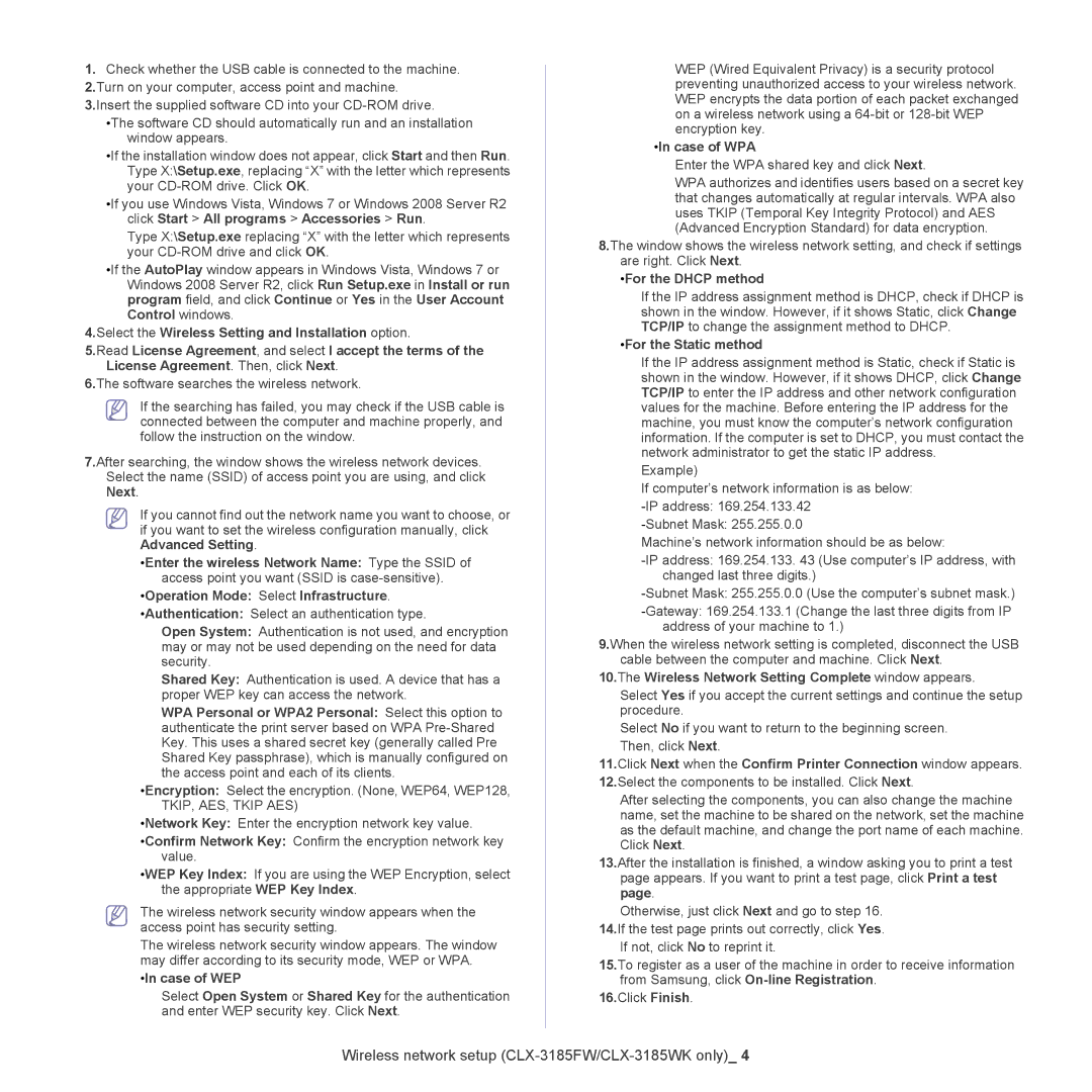 Samsung CLX-318X Case of WPA, For the Dhcp method, For the Static method, Wireless Network Setting Complete window appears 