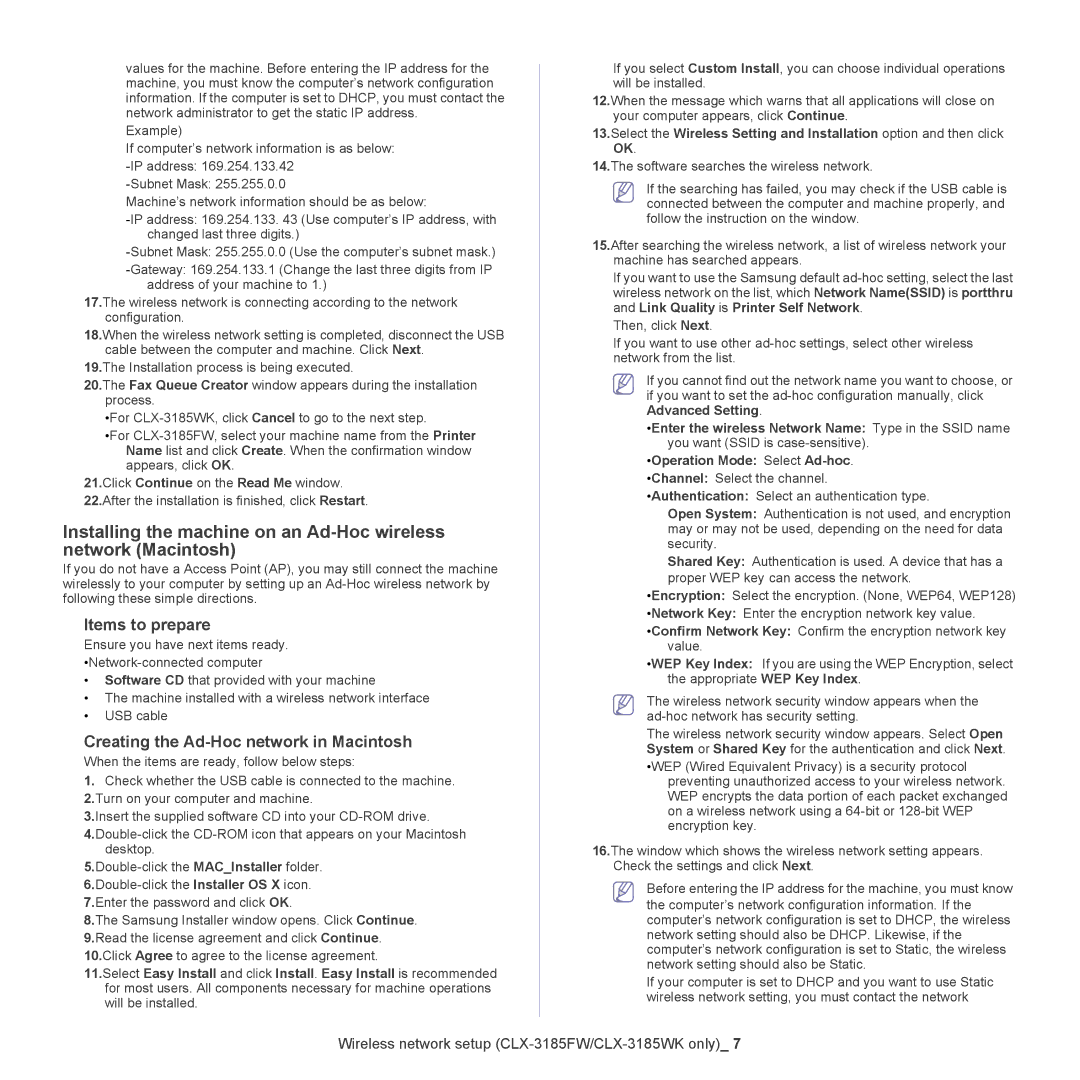 Samsung CLX-318X manual Creating the Ad-Hoc network in Macintosh, Click Continue on the Read Me window 