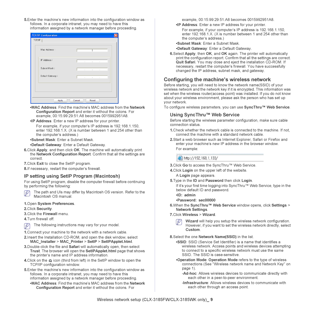 Samsung CLX-318X manual Configuring the machine’s wireless network, IP setting using SetIP Program Macintosh 