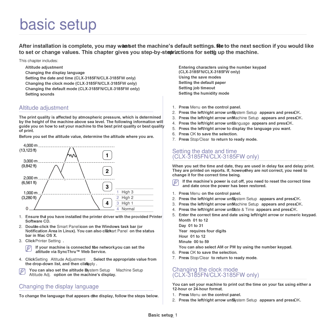 Samsung CLX-318X manual Basic setup, Altitude adjustment, Changing the display language 