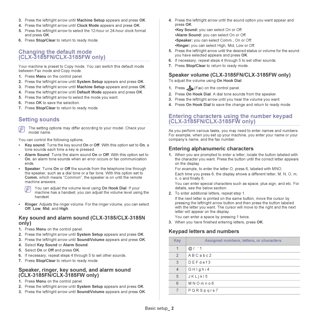 Samsung CLX-318X manual Changing the default mode CLX-3185FN/CLX-3185FW only, Setting sounds 