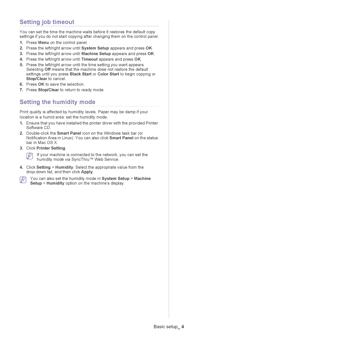 Samsung CLX-318X manual Setting job timeout, Setting the humidity mode 