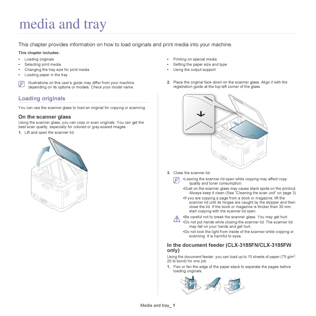 Samsung CLX-318X manual Media and tray, Loading originals, On the scanner glass, Document feeder CLX-3185FN/CLX-3185FW only 