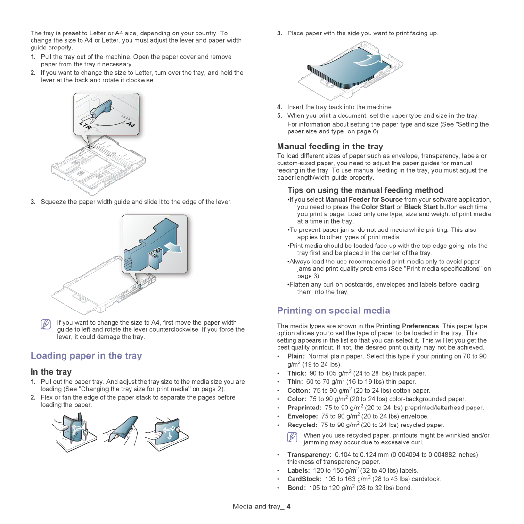 Samsung CLX-318X manual Loading paper in the tray, Printing on special media, Tray, Manual feeding in the tray 