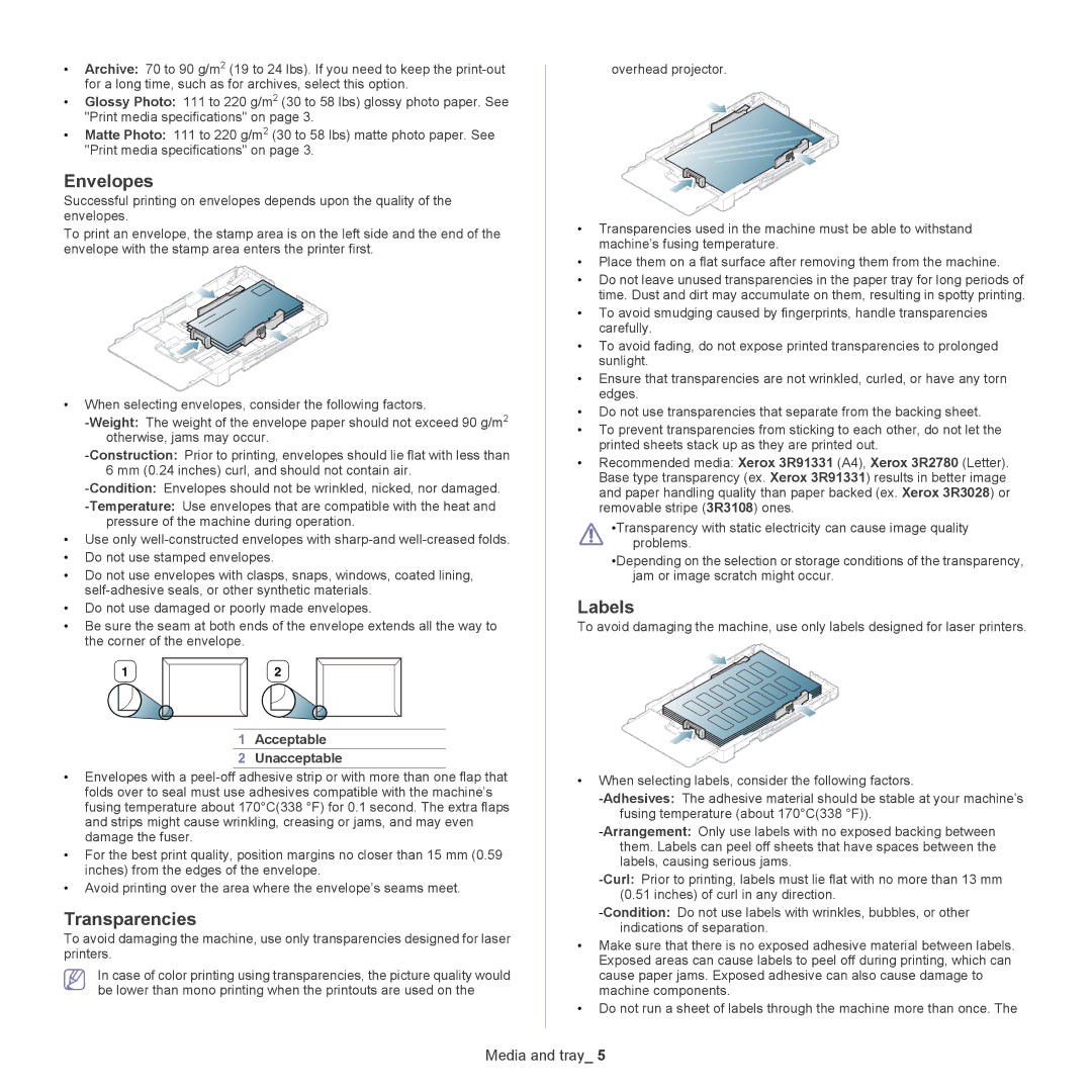 Samsung CLX-318X manual Envelopes, Transparencies, Labels, Acceptable Unacceptable 