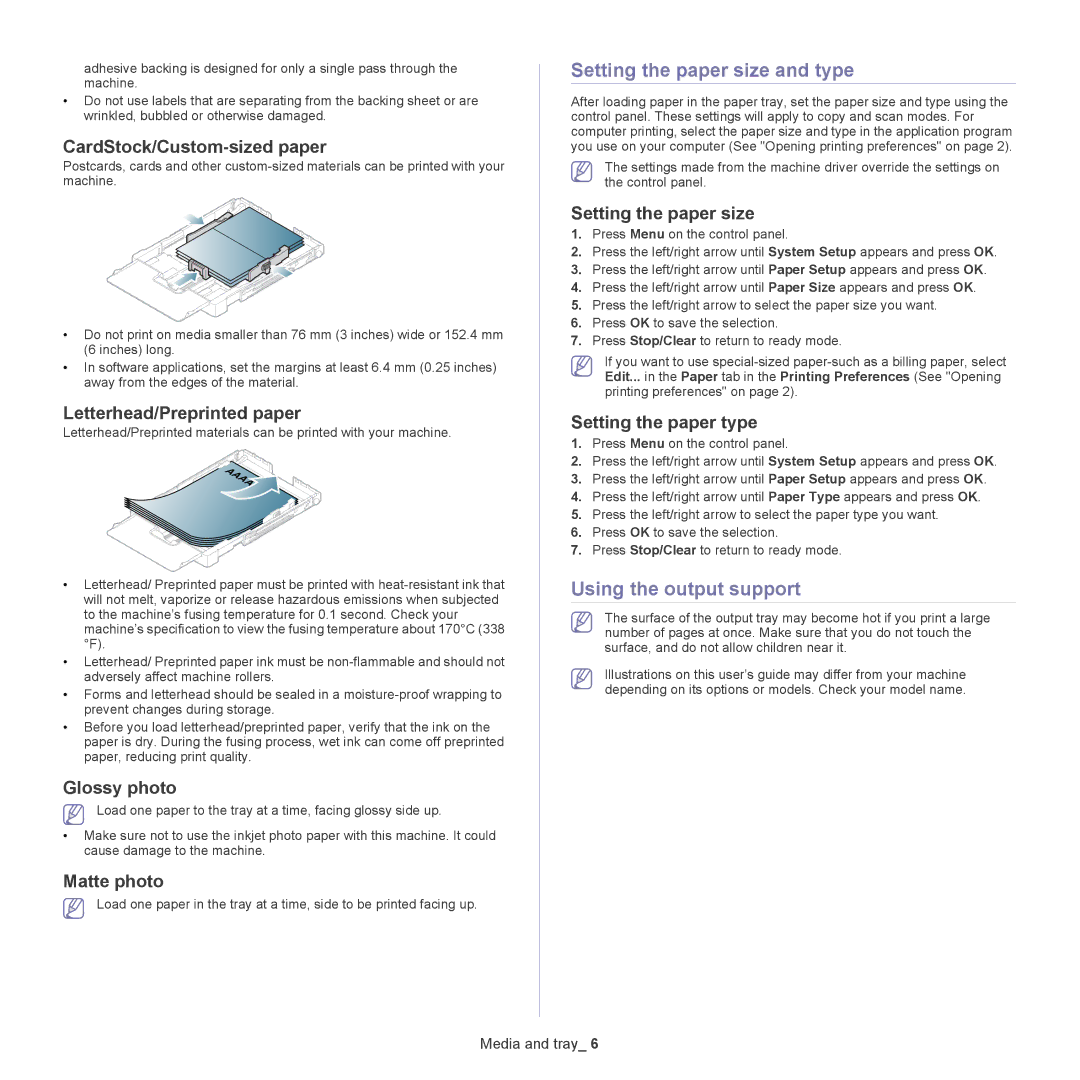 Samsung CLX-318X manual Setting the paper size and type, Using the output support 