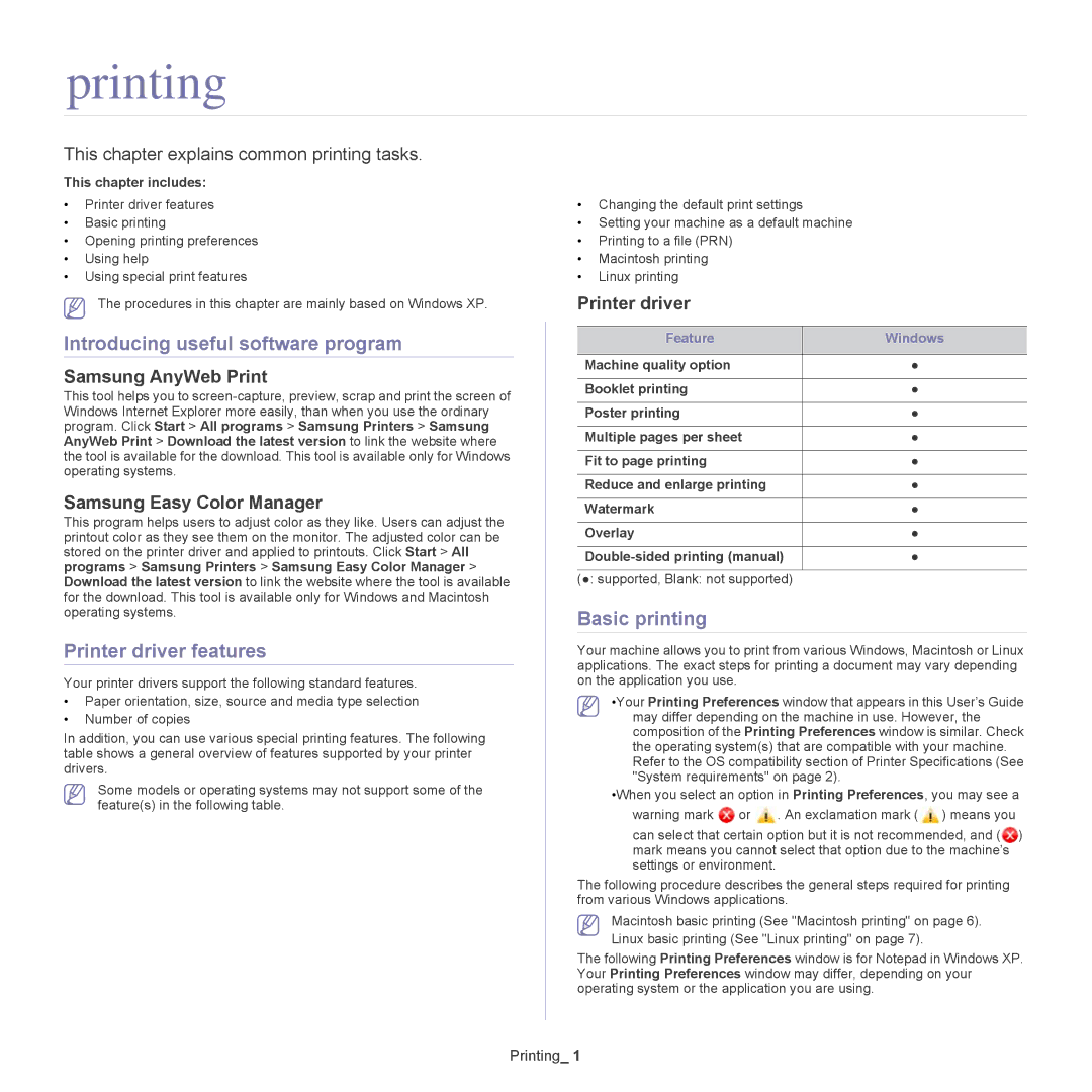 Samsung CLX-318X manual Printing, Introducing useful software program, Printer driver features, Basic printing 