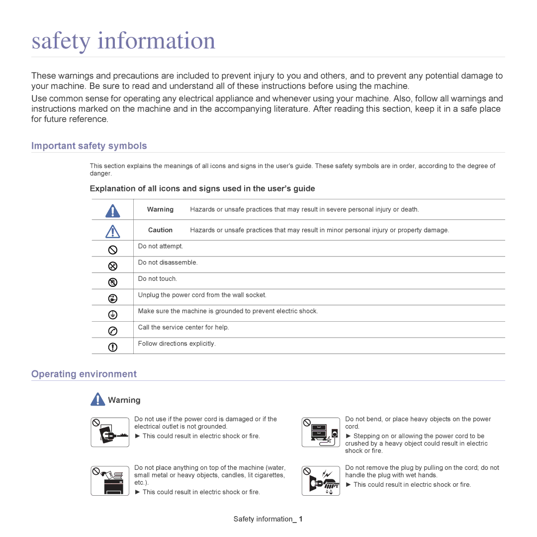 Samsung CLX-318X manual Safety information, Important safety symbols, Operating environment 