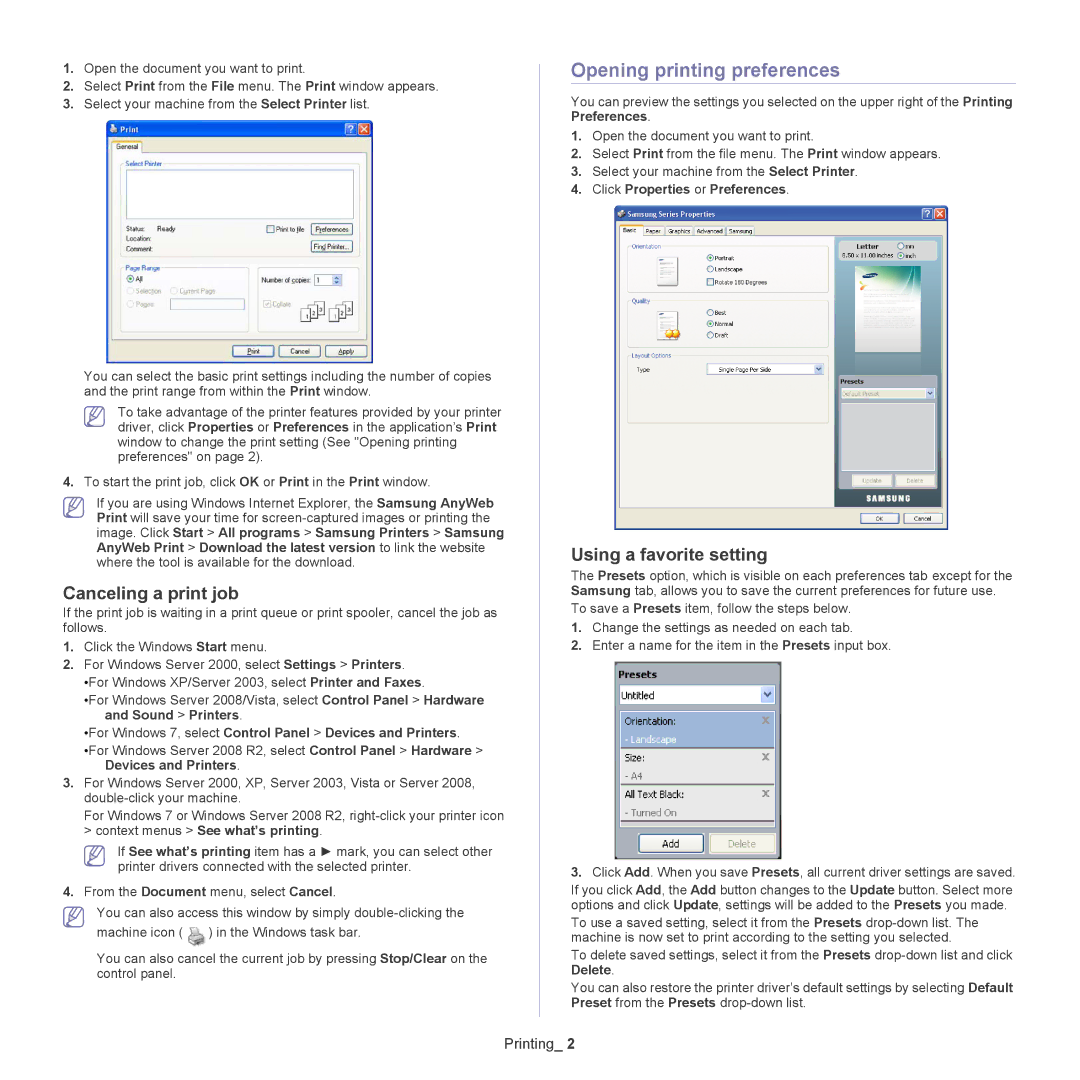 Samsung CLX-318X manual Opening printing preferences, Canceling a print job, Using a favorite setting 