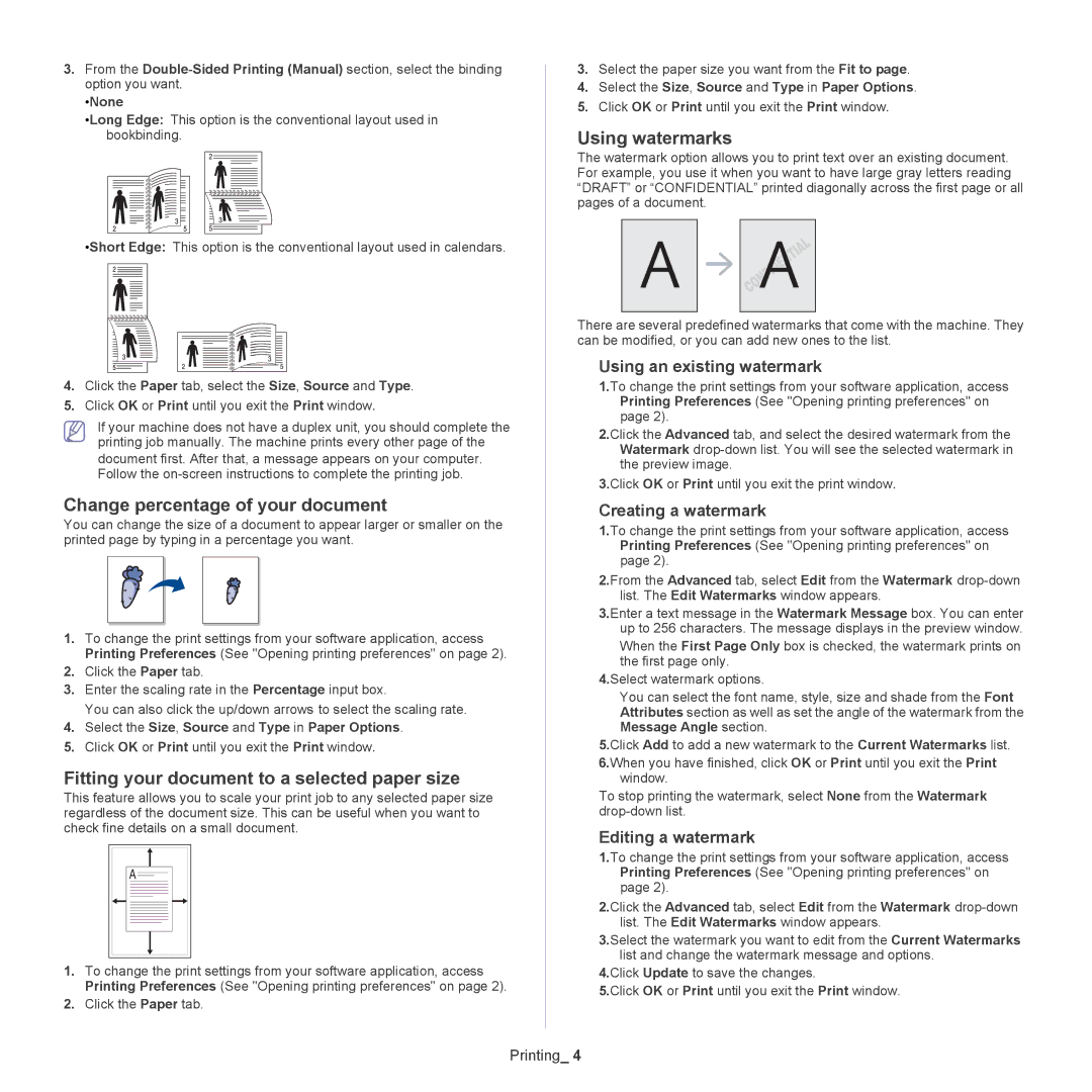 Samsung CLX-318X Change percentage of your document, Fitting your document to a selected paper size, Using watermarks 