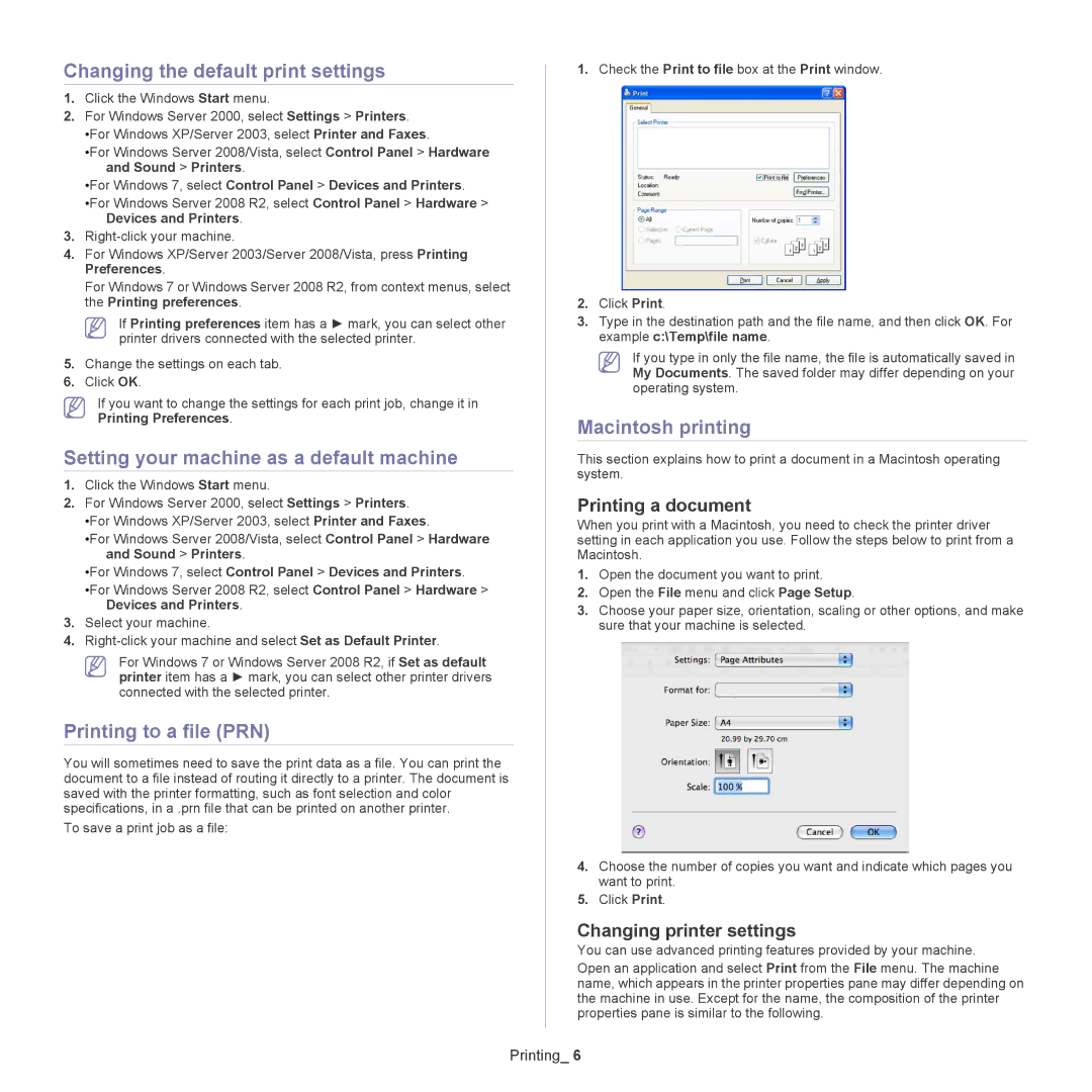 Samsung CLX-318X Changing the default print settings, Setting your machine as a default machine, Printing to a file PRN 