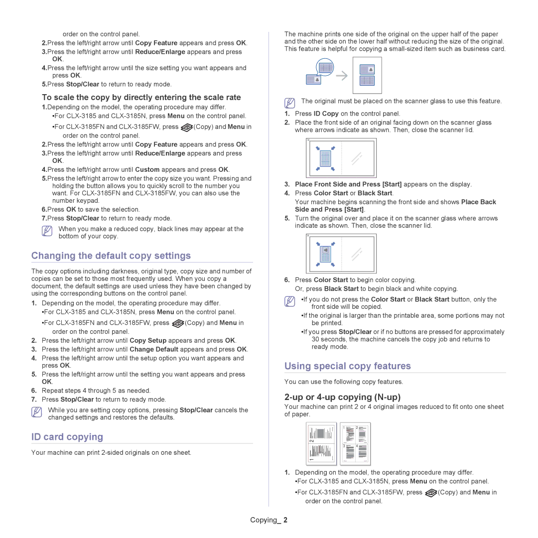 Samsung CLX-318X Changing the default copy settings, ID card copying, Using special copy features, Up or 4-up copying N-up 