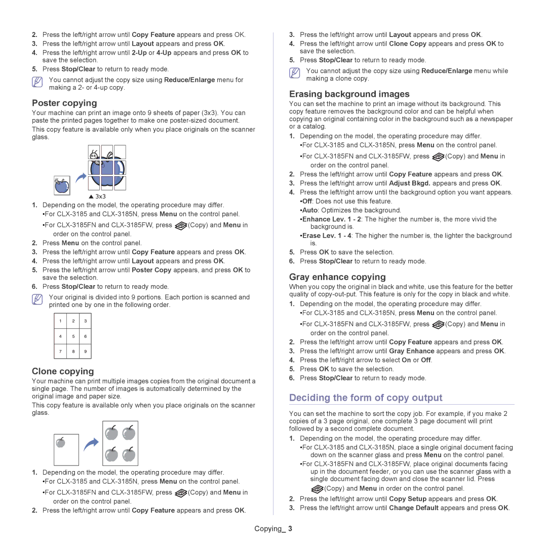 Samsung CLX-318X manual Deciding the form of copy output, Poster copying, Clone copying, Erasing background images 