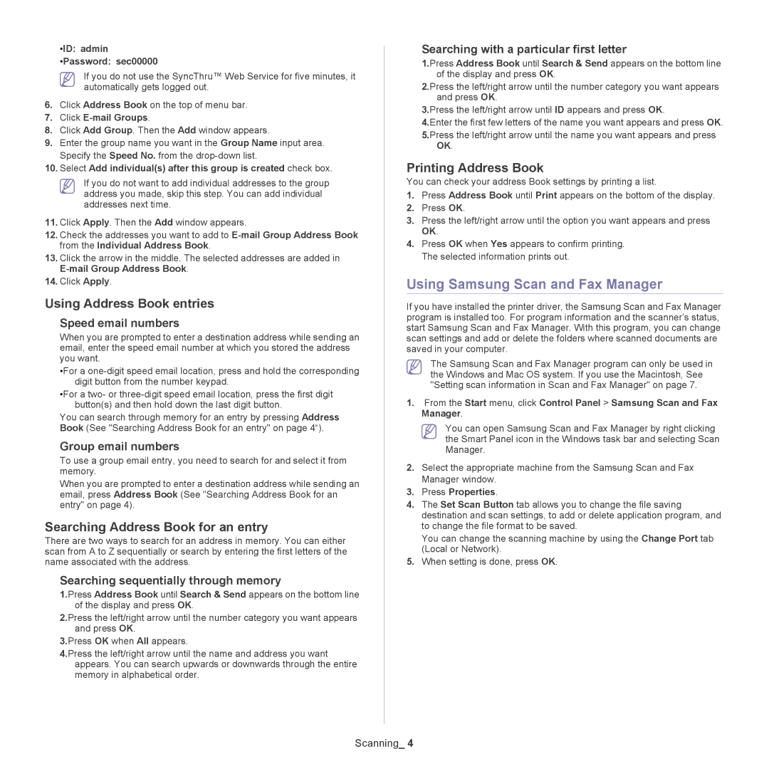 Samsung CLX-318X manual Using Samsung Scan and Fax Manager, Using Address Book entries, Searching Address Book for an entry 