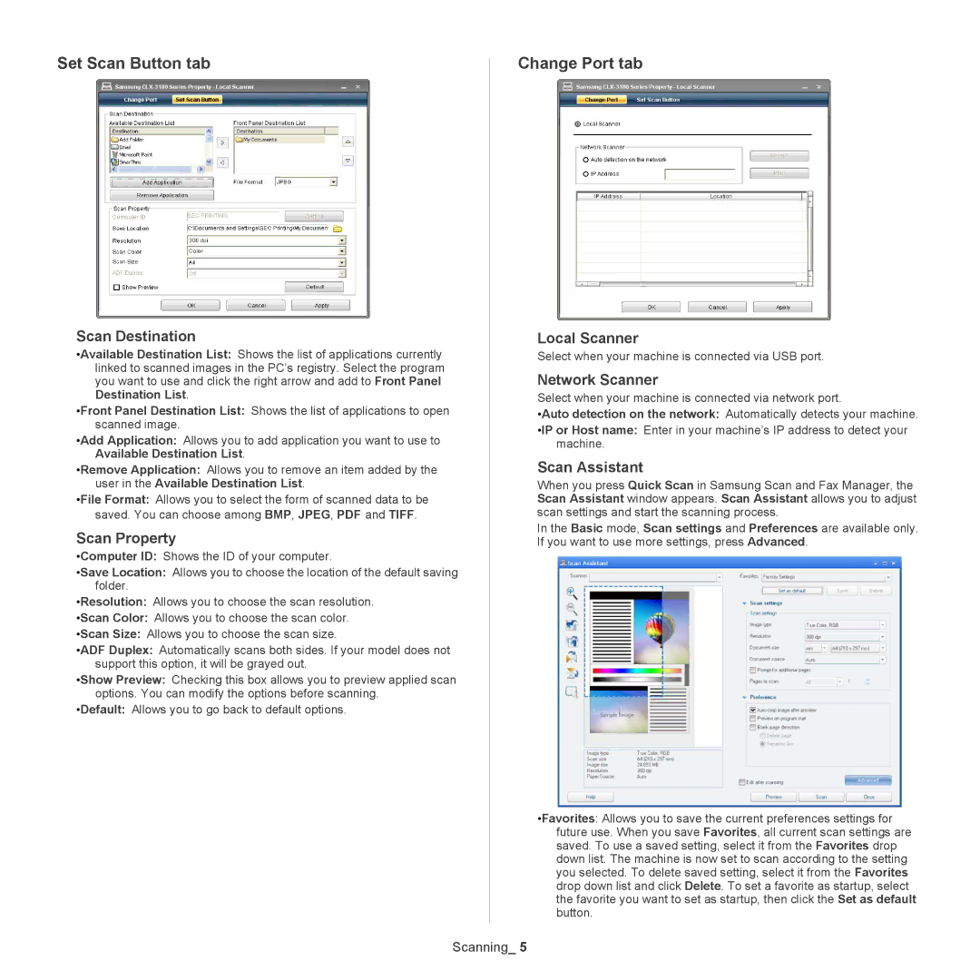 Samsung CLX-318X manual Set Scan Button tab, Change Port tab 