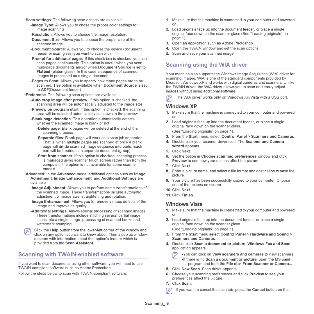 Samsung CLX-318X manual Scanning with TWAIN-enabled software, Scanning using the WIA driver, Windows XP, Windows Vista 