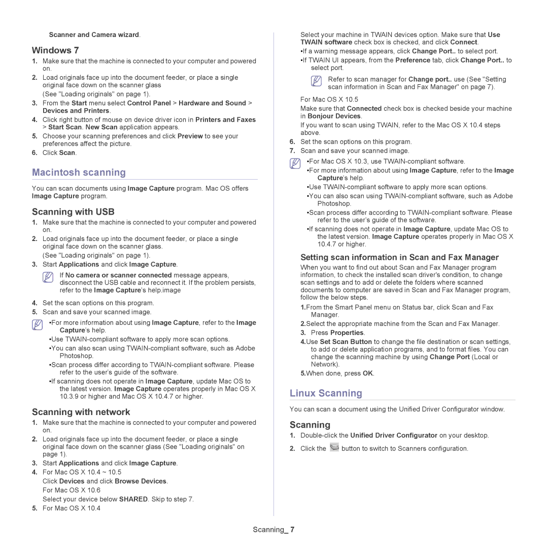 Samsung CLX-318X manual Macintosh scanning, Linux Scanning, Scanning with USB, Scanning with network 