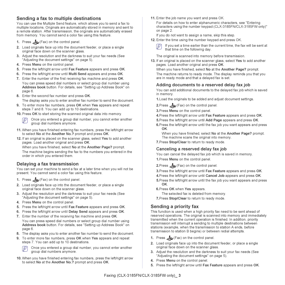 Samsung CLX-318X manual Sending a fax to multiple destinations, Delaying a fax transmission, Sending a priority fax 