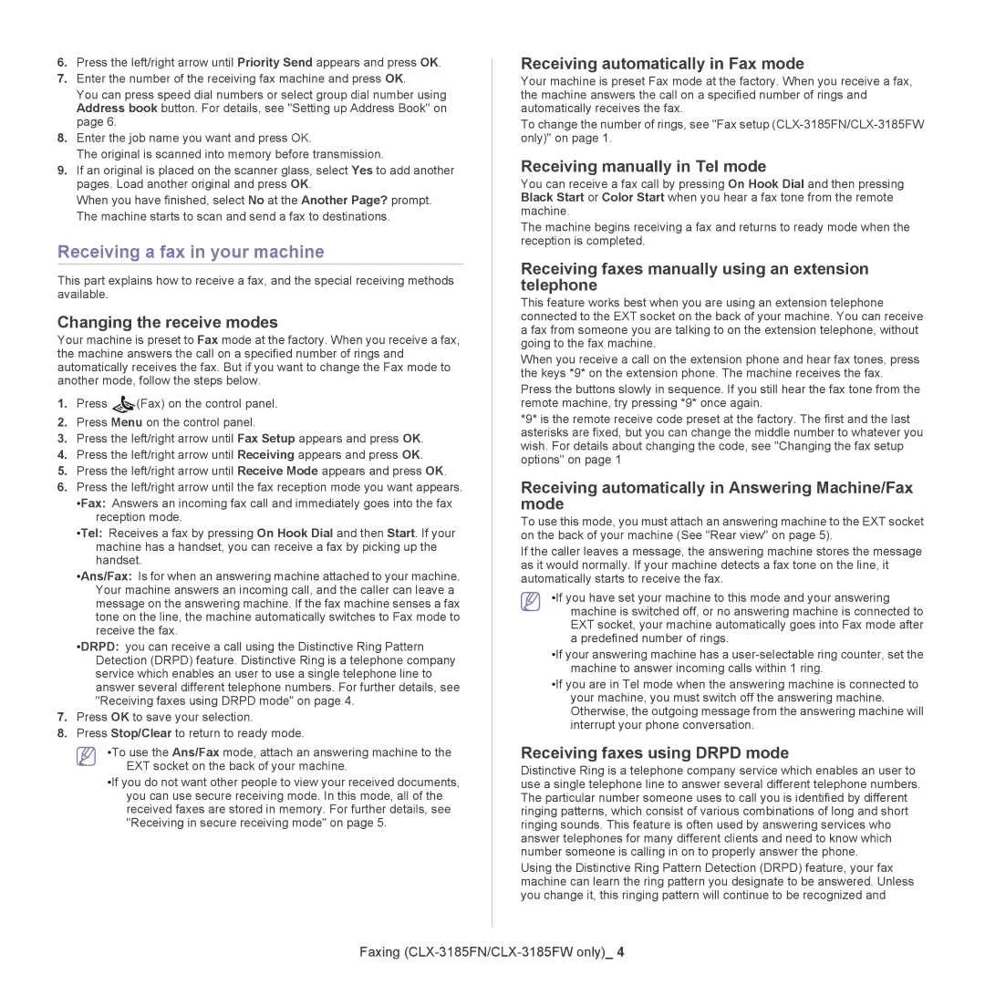 Samsung CLX-318X manual Receiving a fax in your machine 