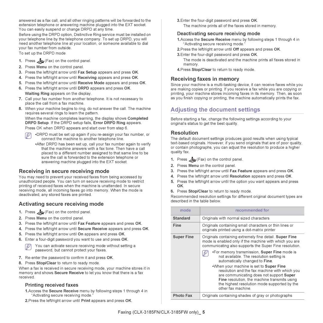 Samsung CLX-318X Adjusting the document settings, Receiving in secure receiving mode, Activating secure receiving mode 