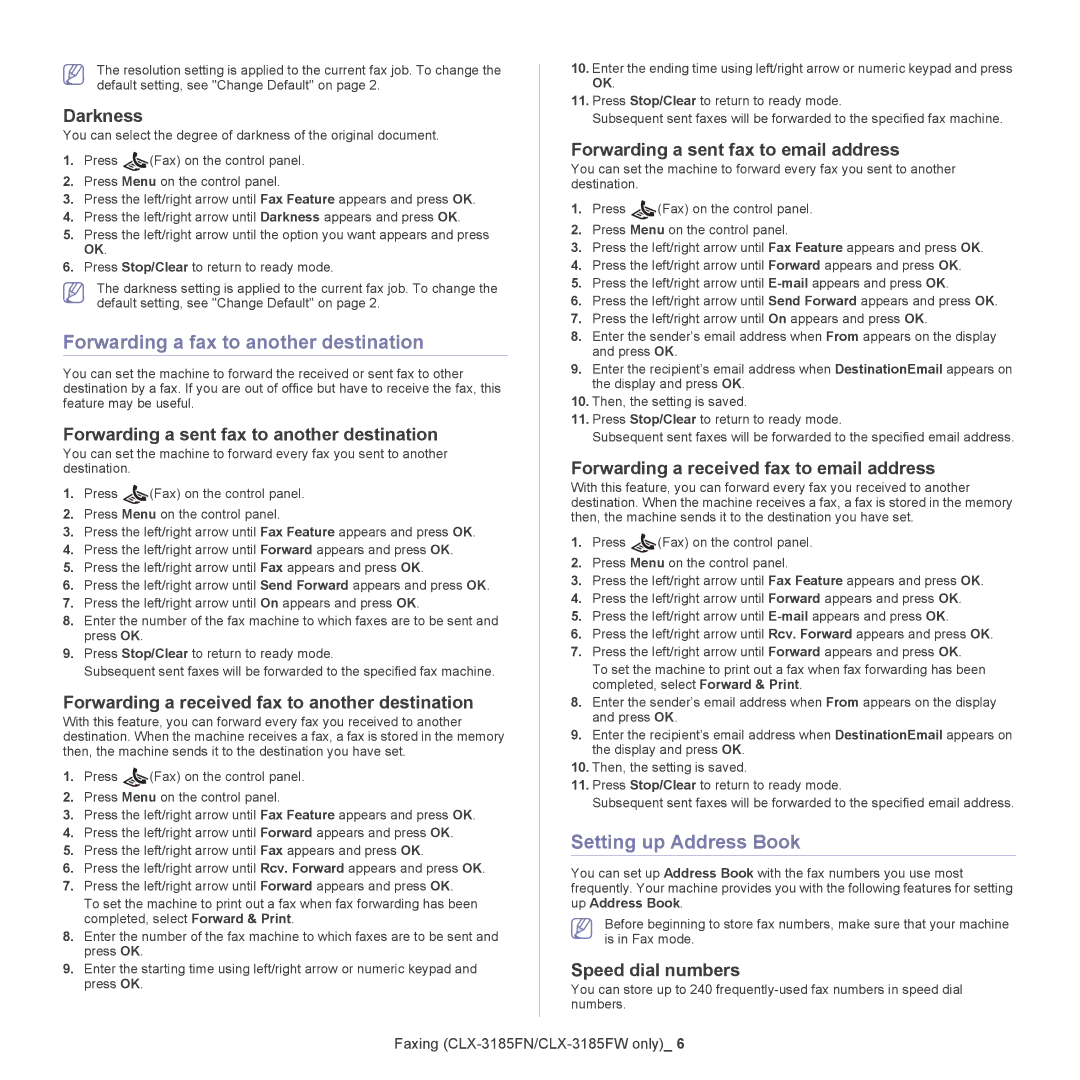 Samsung CLX-318X manual Forwarding a fax to another destination, Setting up Address Book 