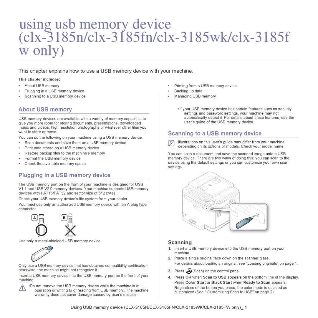 Samsung CLX-318X manual About USB memory, Plugging in a USB memory device, Scanning to a USB memory device 