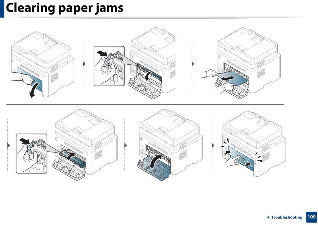 Samsung CLX-3305FW manual Clearing paper jams 