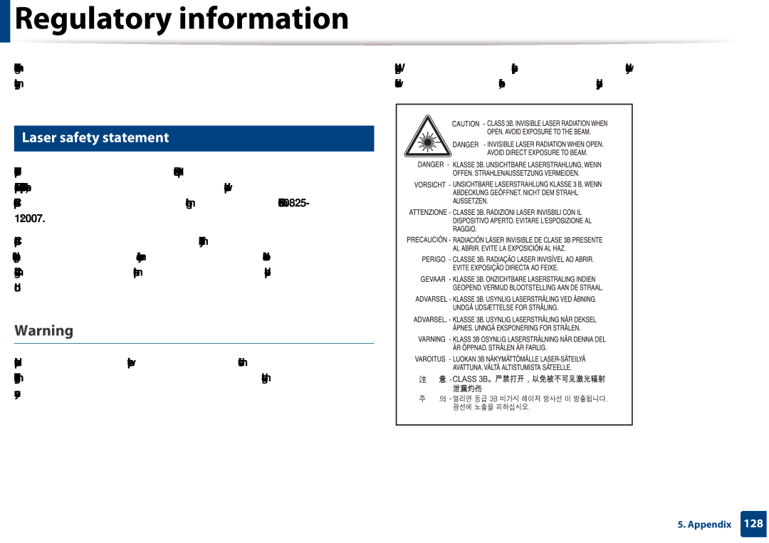 Samsung CLX-3305FW manual Regulatory information, Laser safety statement 