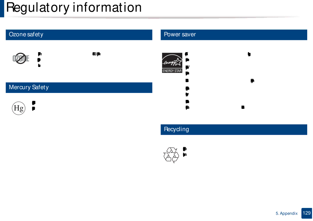 Samsung CLX-3305FW manual Ozone safety Power saver, Mercury Safety, Recycling 